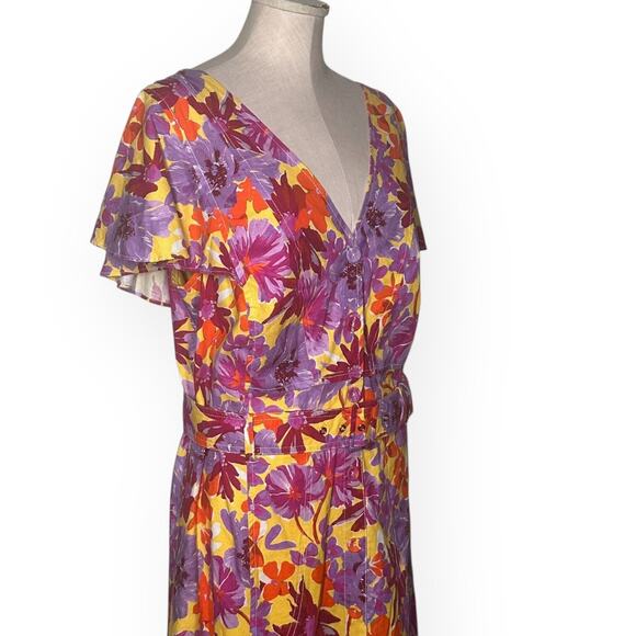 New $545 TANYA TAYLOR Linen Blend Inez Midi Dress Belted Floral A-Line Wedding - Picture 7 of 16